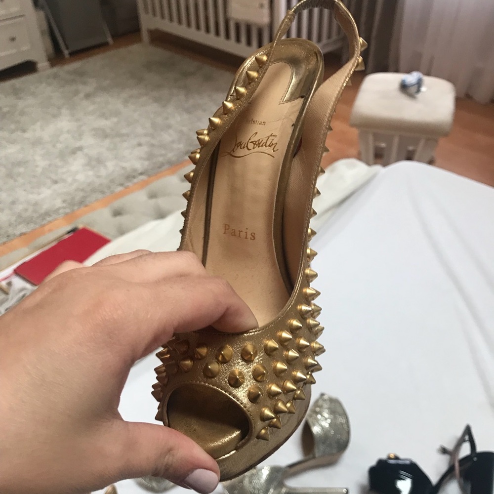 Christian louboutin Gold spiked slingback pumps